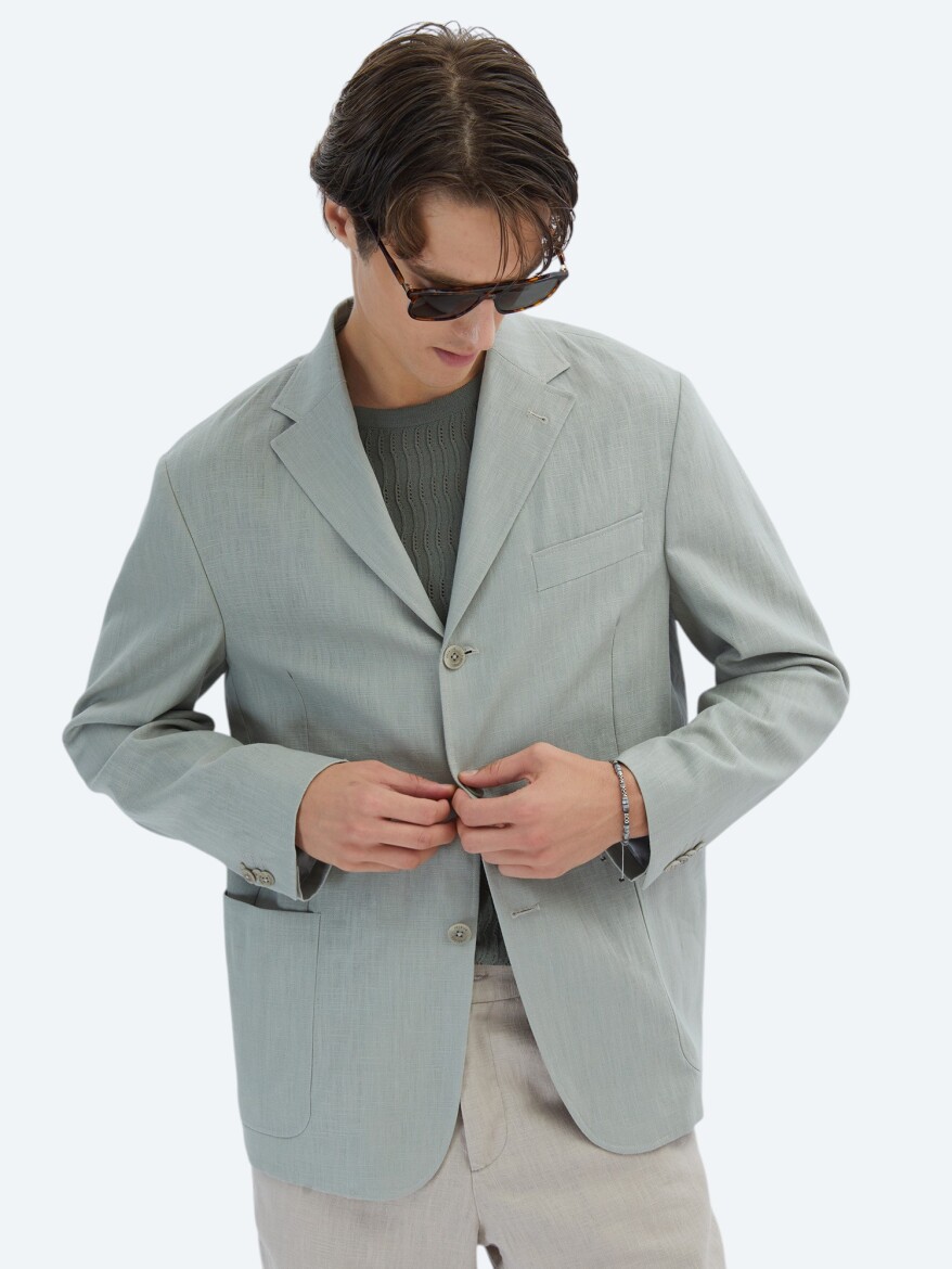 Nile Green Plain Comfort Fit Cotton Blended Jacket - 3