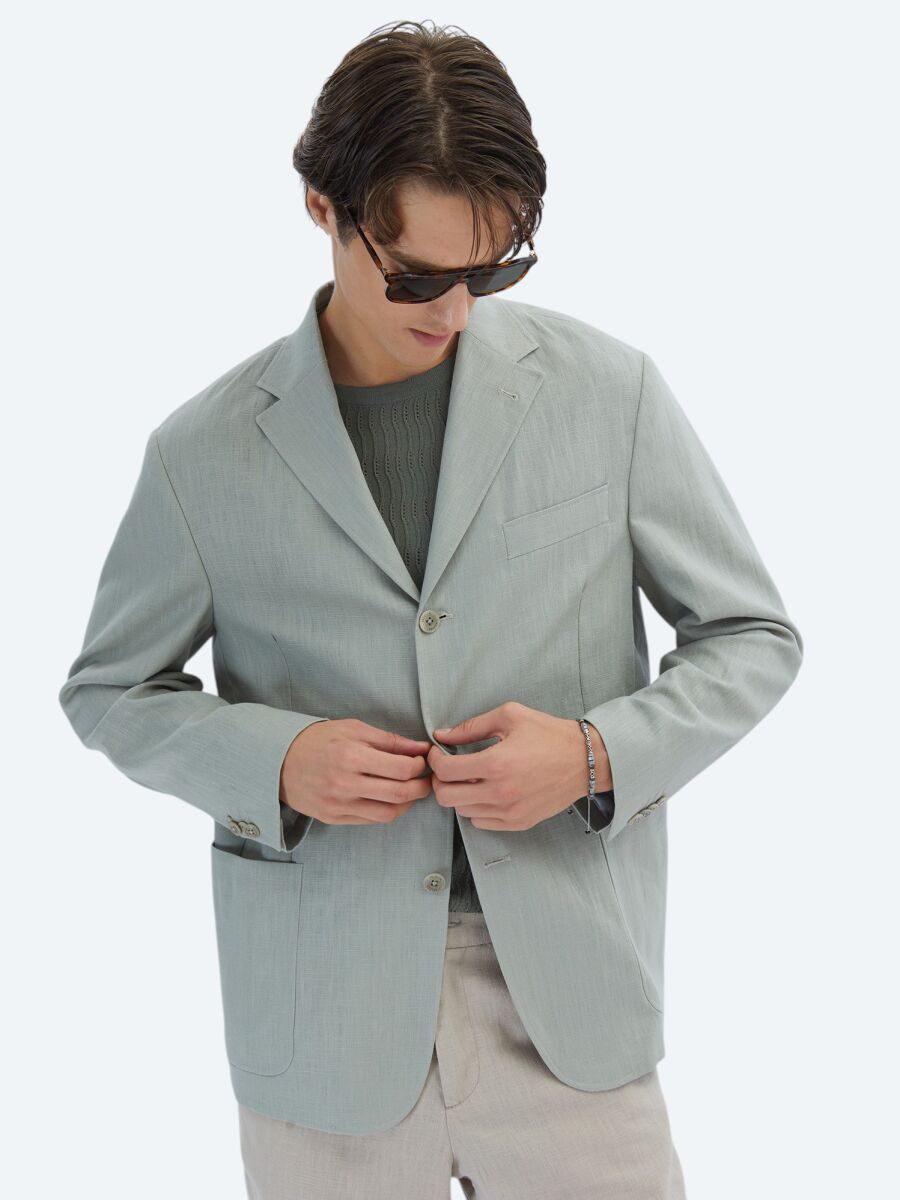 Nile Green Plain Comfort Fit Cotton Blended Jacket - 3