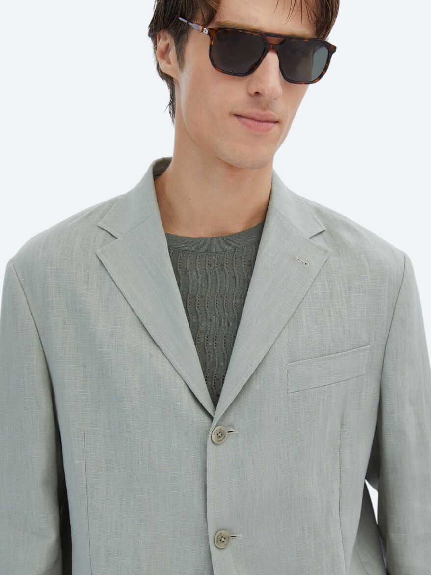 Nile Green Plain Comfort Fit Cotton Blended Jacket - 5
