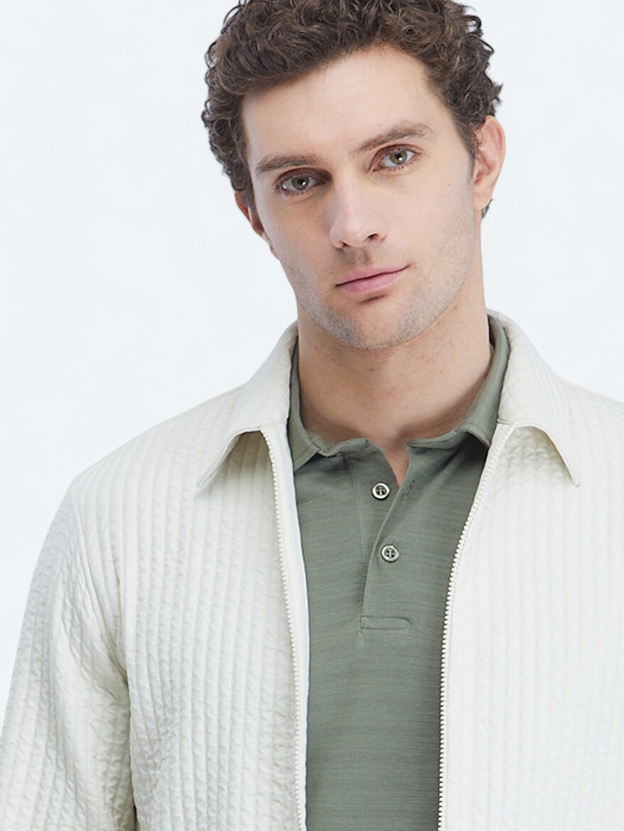 Off White Regular Fit Turtleneck Casual Weaving Coat - 3