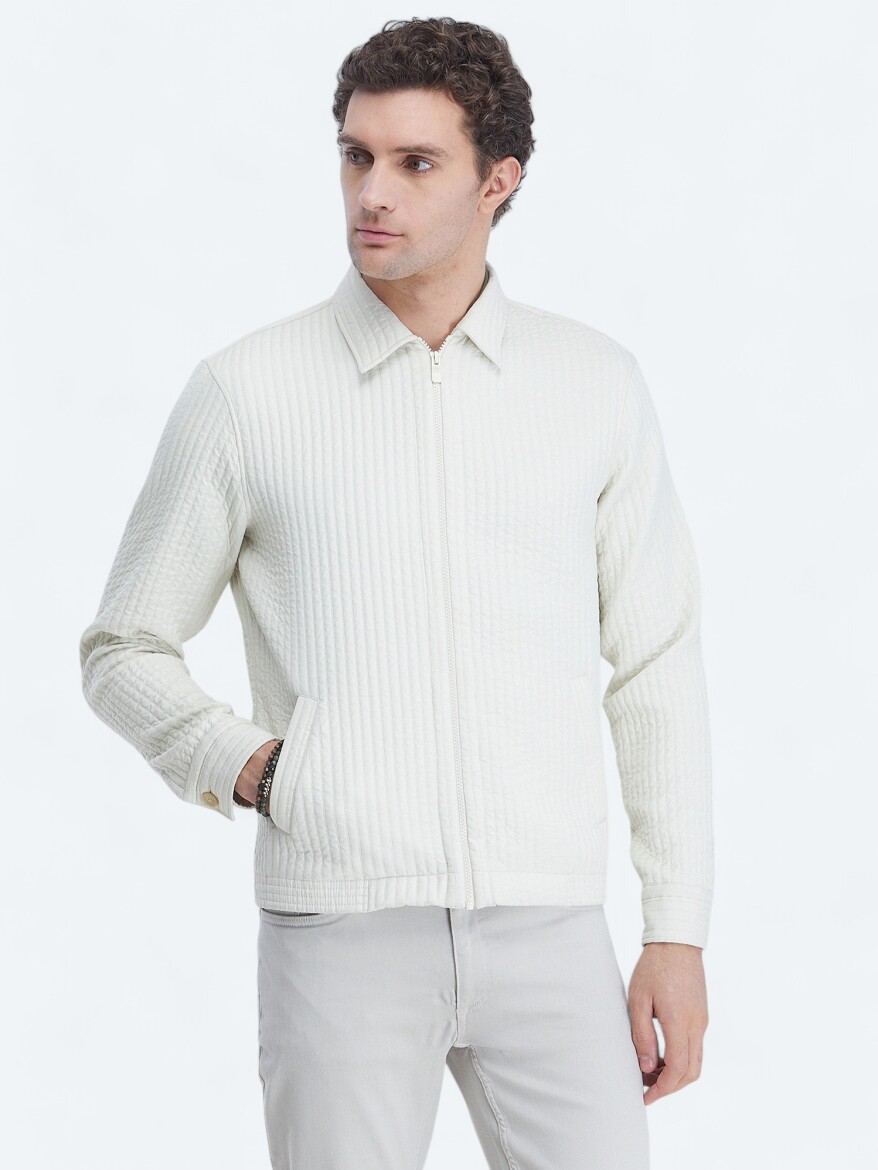 Off White Regular Fit Turtleneck Casual Weaving Coat - 4