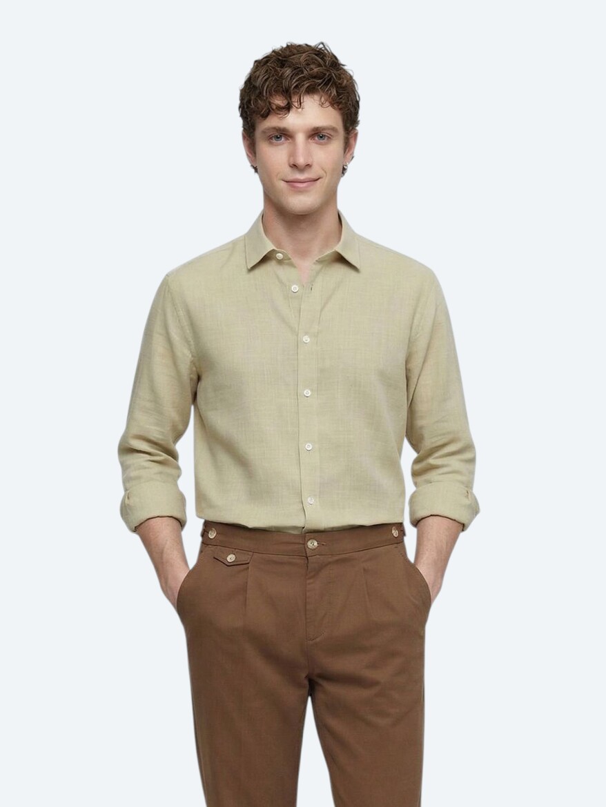 Oil Green Plain Regular Fit Weaving Casual 100% Cotton Shirt - 1