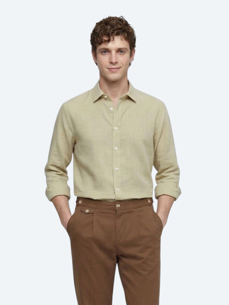 Oil Green Plain Regular Fit Weaving Casual 100% Cotton Shirt - 1