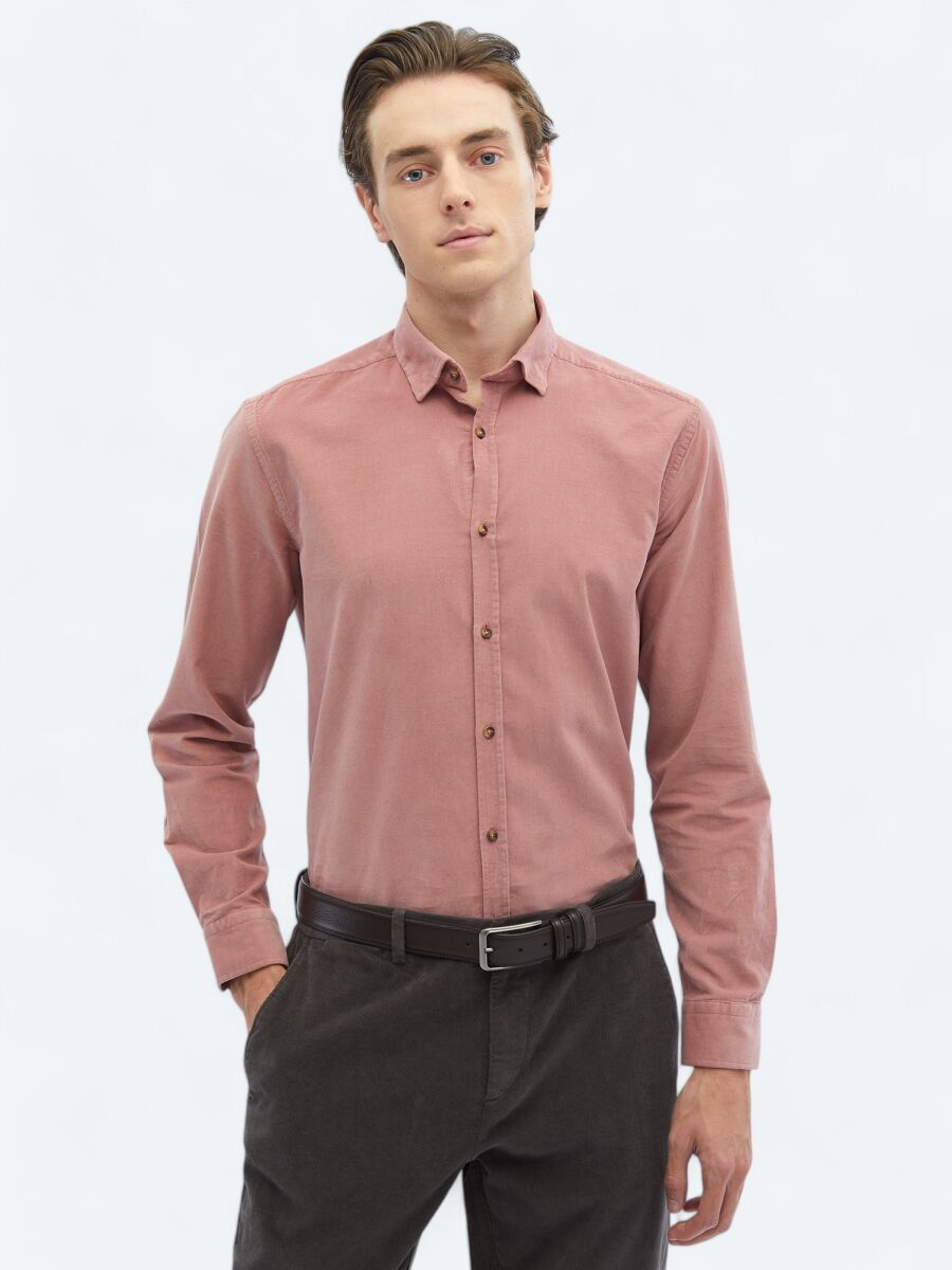 Pink Ribbed Regular Fit Weaving Casual 100% Cotton Shirt - 1