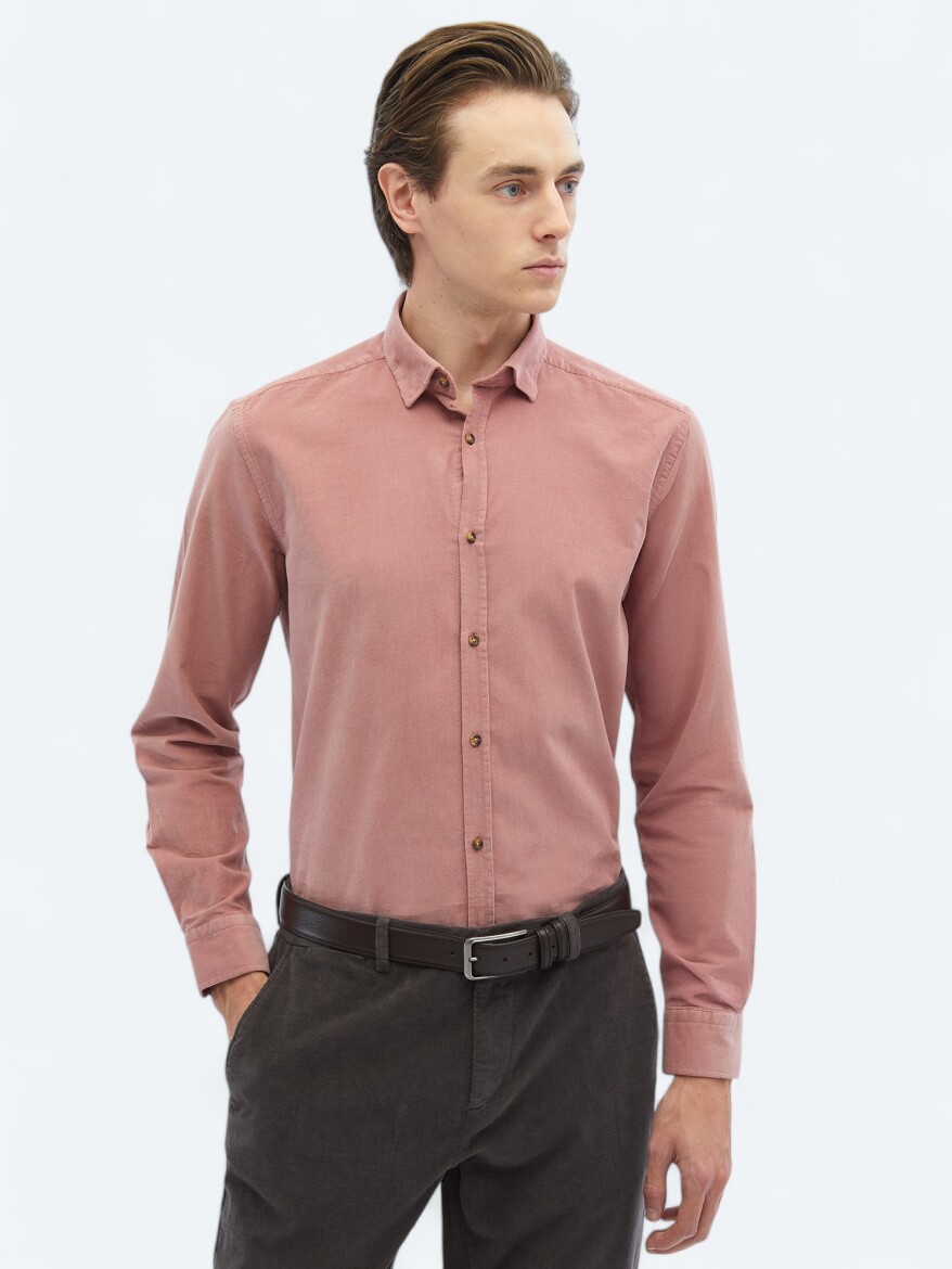 Pink Ribbed Regular Fit Weaving Casual 100% Cotton Shirt - 3