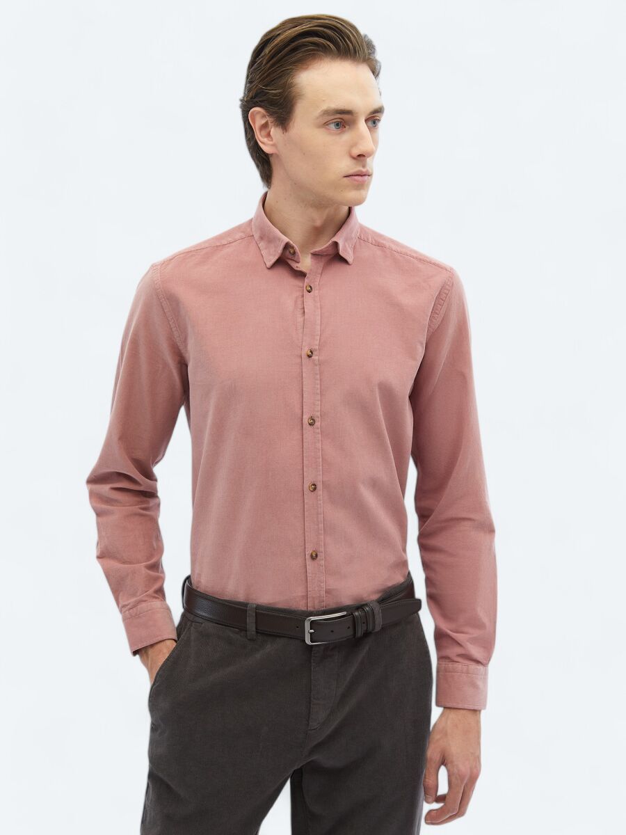 Pink Ribbed Regular Fit Weaving Casual 100% Cotton Shirt - 3