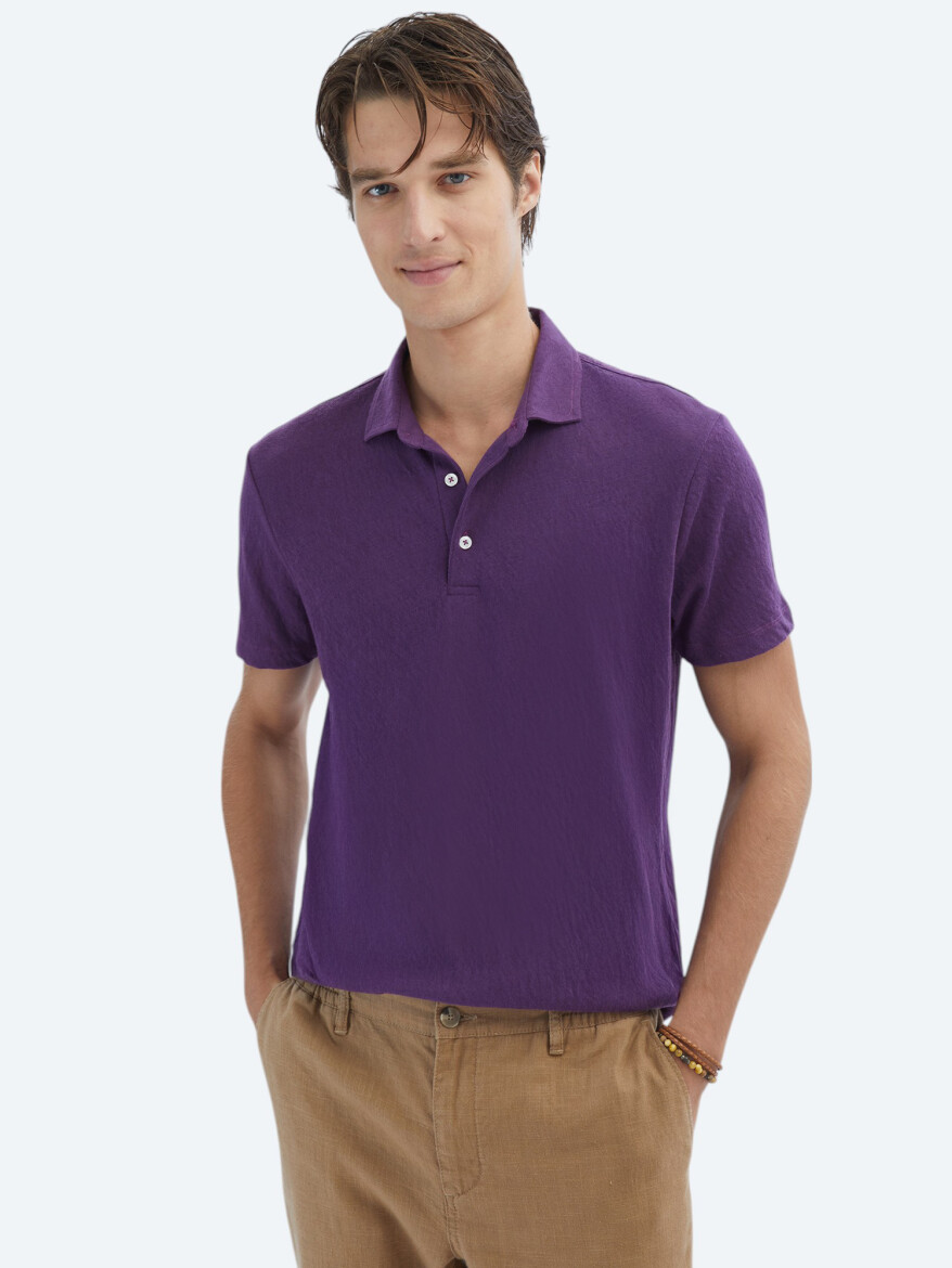 Purple Plain Polo Neck Cotton Blended T-Shirt - 1