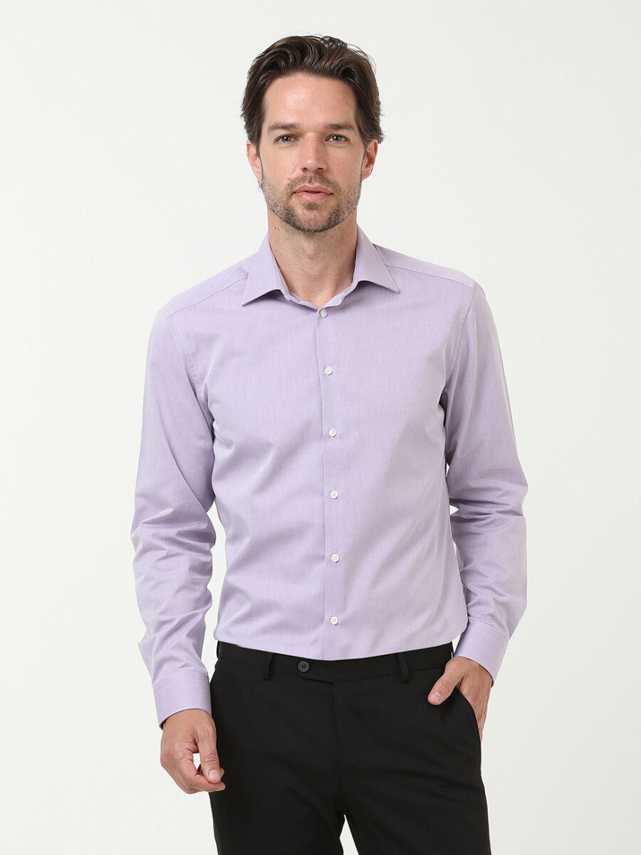 Purple Plain Slim Fit Weaving Classical Cotton Blended Shirt - 1