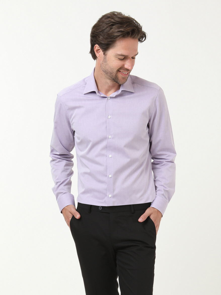Purple Plain Slim Fit Weaving Classical Cotton Blended Shirt - 3