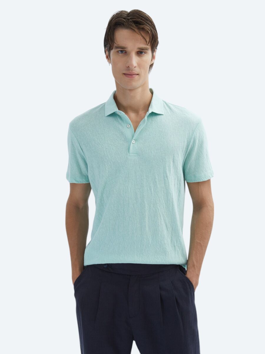 See Green Plain Polo Neck Cotton Blended T-Shirt - 1