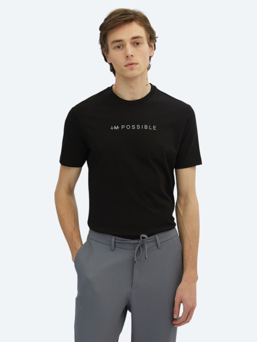 Siyah Baskılı Bisiklet Yaka %100 Pamuk T-Shirt - KİP