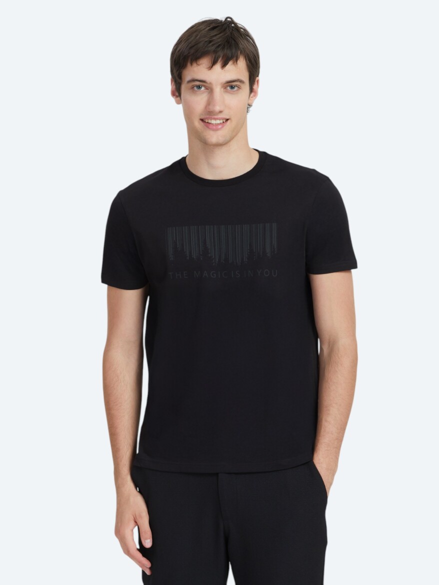 Siyah Baskılı Bisiklet Yaka %100 Pamuk T-Shirt - KİP