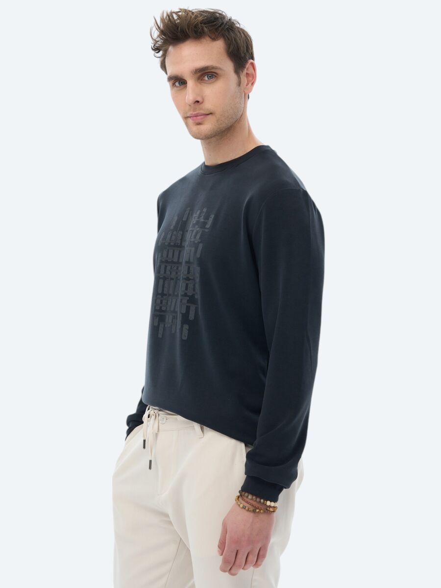 Siyah Bisiklet Yaka Baskılı Sweatshırt - 8