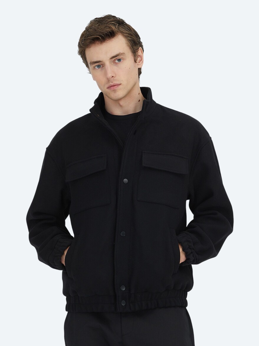 Siyah Comfort Fit Dik Yaka Casual Dokuma Mont - KİP