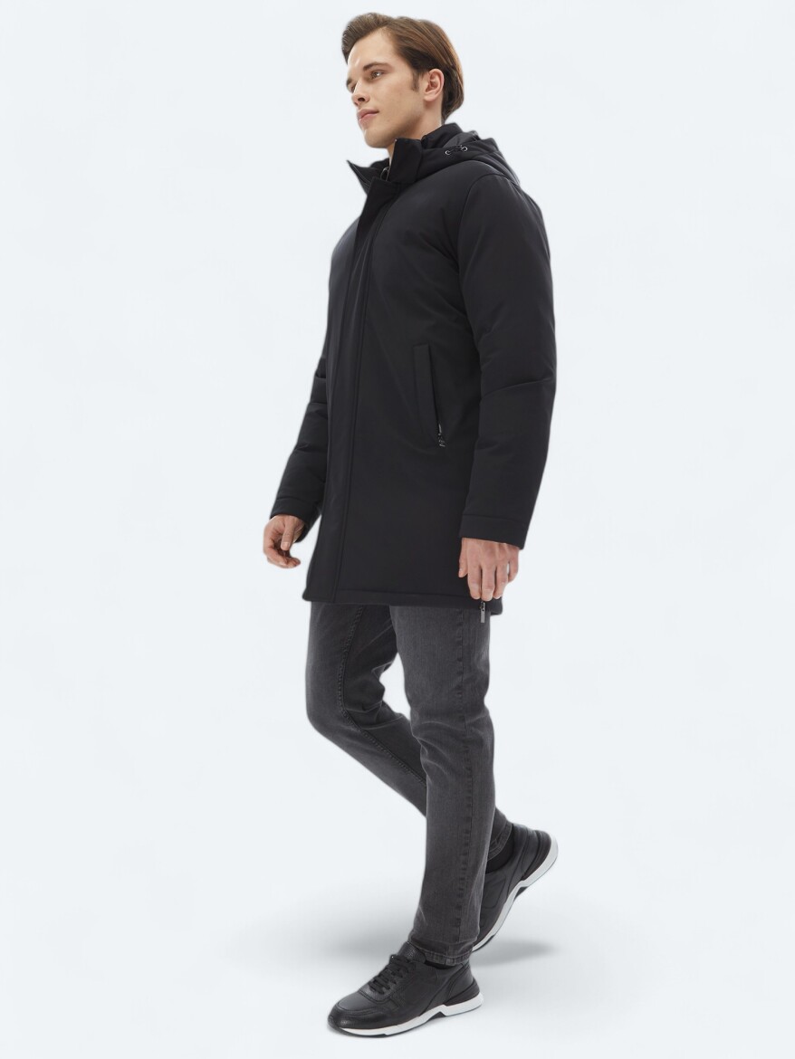 Siyah Comfort Fit Kapüşonlu Casual Dokuma Kaban 