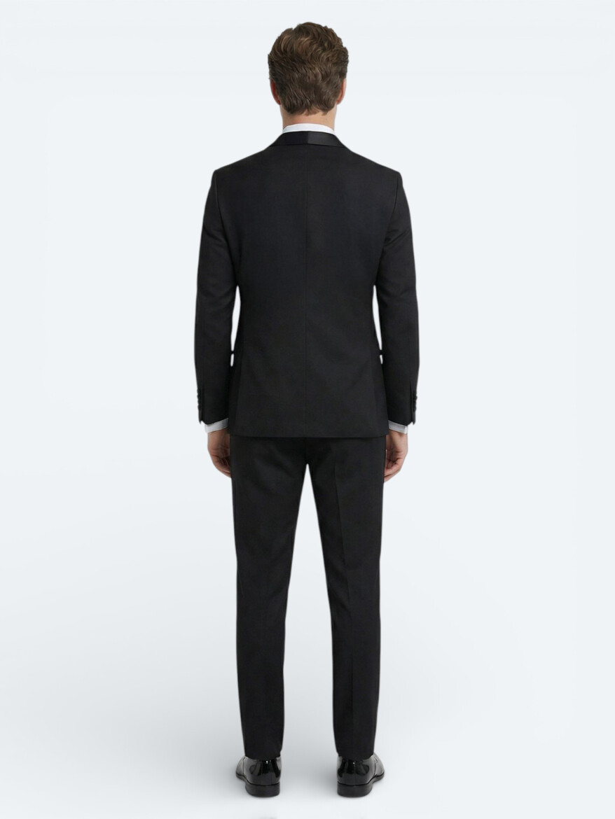 Siyah Düz Modern Fit Dokuma Smokin Takım Elbise - 4