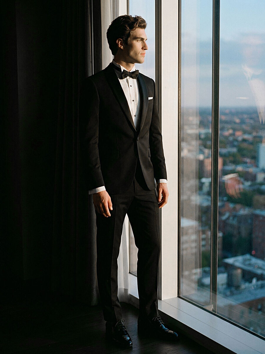 Siyah Düz Modern Fit Dokuma Smokin Takım Elbise - 5