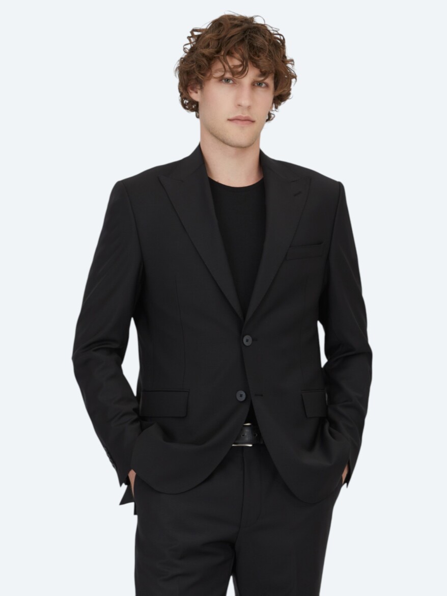 Siyah Düz Modern Fit Yün Karışımlı Takım Elbise - 2