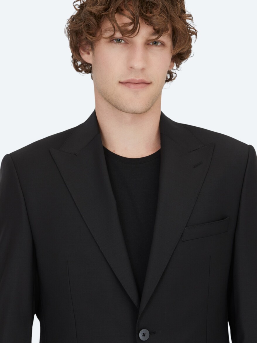 Siyah Düz Modern Fit Yün Karışımlı Takım Elbise - 3