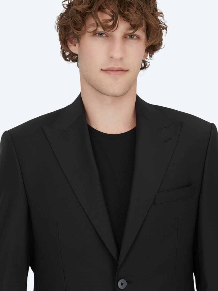 Siyah Düz Modern Fit Yün Karışımlı Takım Elbise - 3