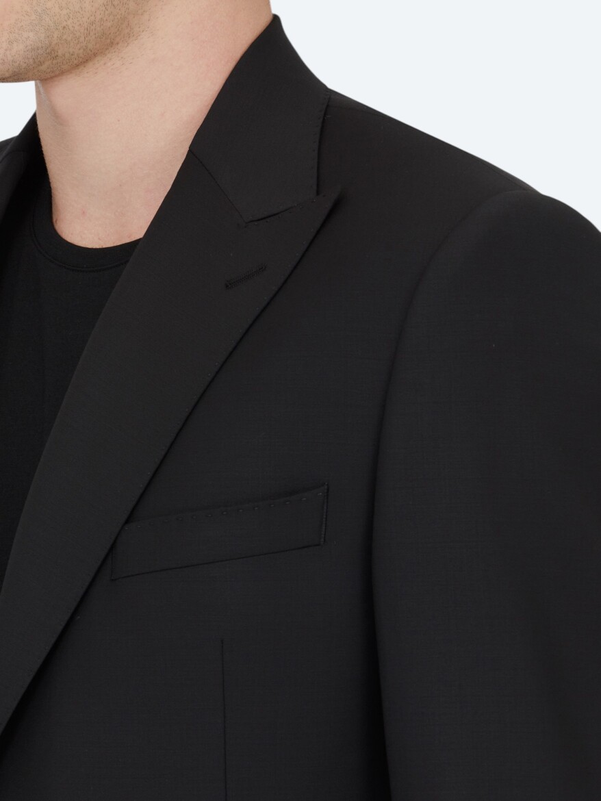 Siyah Düz Modern Fit Yün Karışımlı Takım Elbise - 4