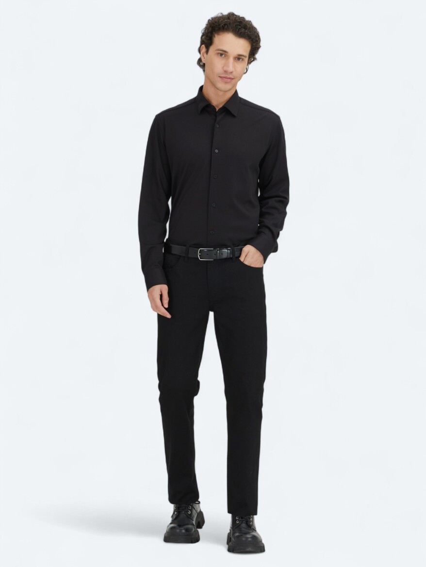 Siyah Düz Regular Fit Casual %100 Pamuk Gömlek 