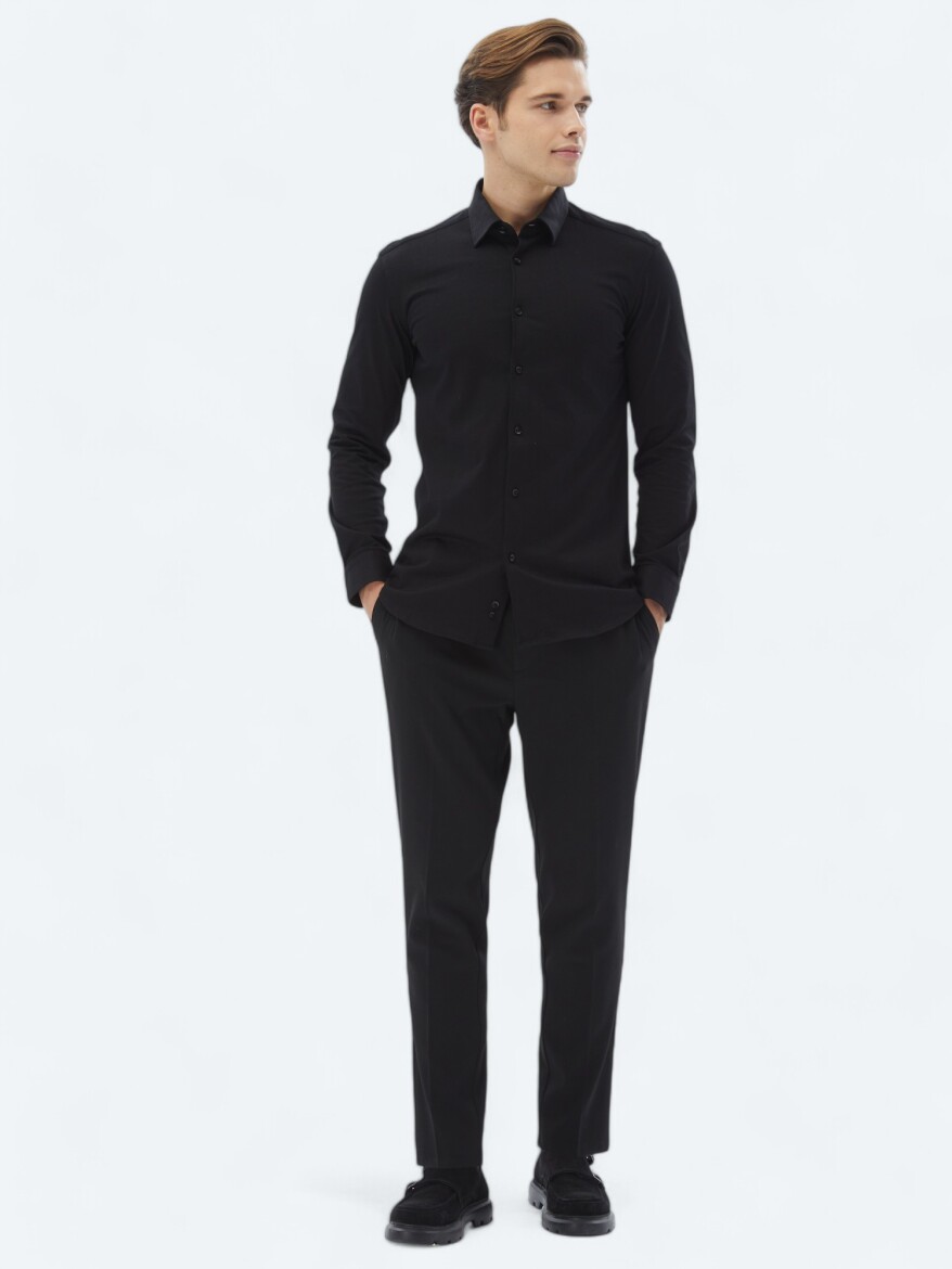 Siyah Düz Regular Fit Dokuma Casual %100 Pamuk Gömlek - KİP
