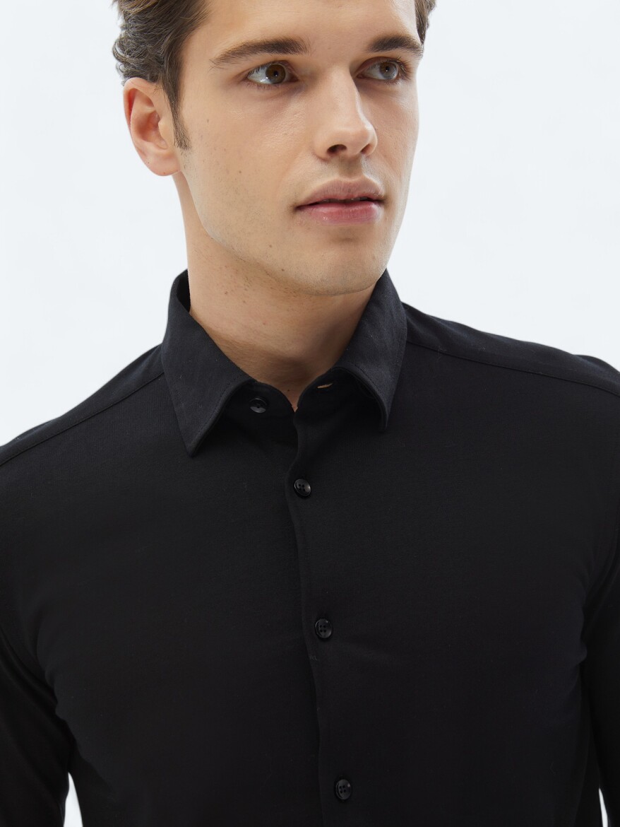 Siyah Düz Regular Fit Dokuma Casual %100 Pamuk Gömlek - 5