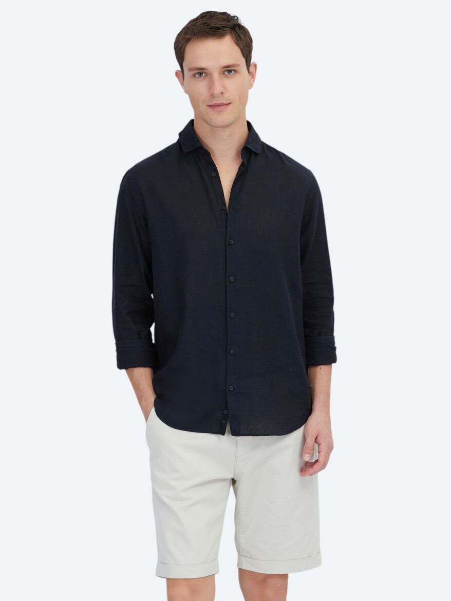 Siyah Düz Regular Fit Dokuma Casual Pamuk Karışımlı Gömlek - KİP