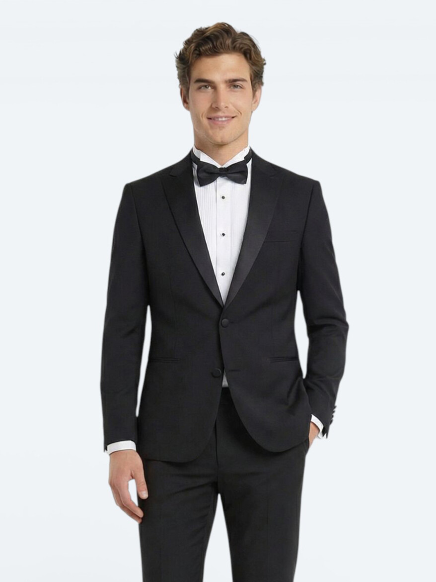 Siyah Düz Slim Fit Çıkarılabilir Kruvaze Yaka Dokuma Smokin Takım Elbise - 2