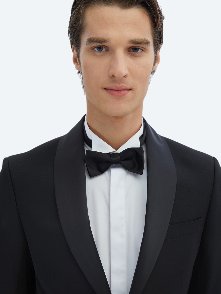 Siyah Düz Slim Fit Çıkarılabilir Şal Yaka Dokuma Smokin Takım Elbise - 3