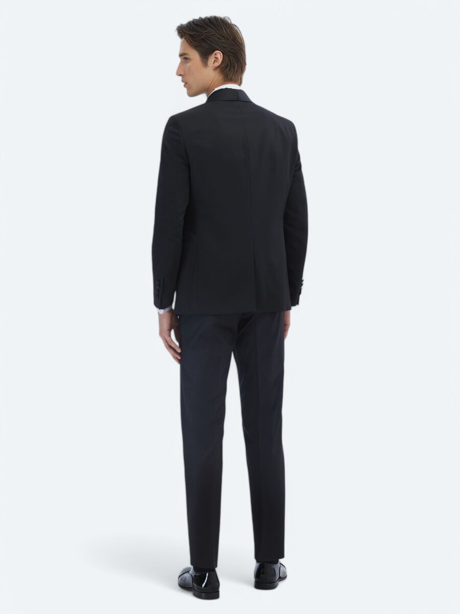 Siyah Düz Slim Fit Çıkarılabilir Şal Yaka Dokuma Smokin Takım Elbise - 5