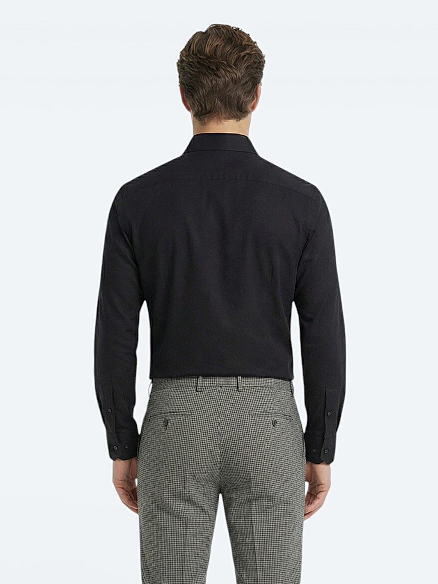 Siyah Düz Slim Fit Dokuma Klasik Pamuk Karışımlı Gömlek - 4