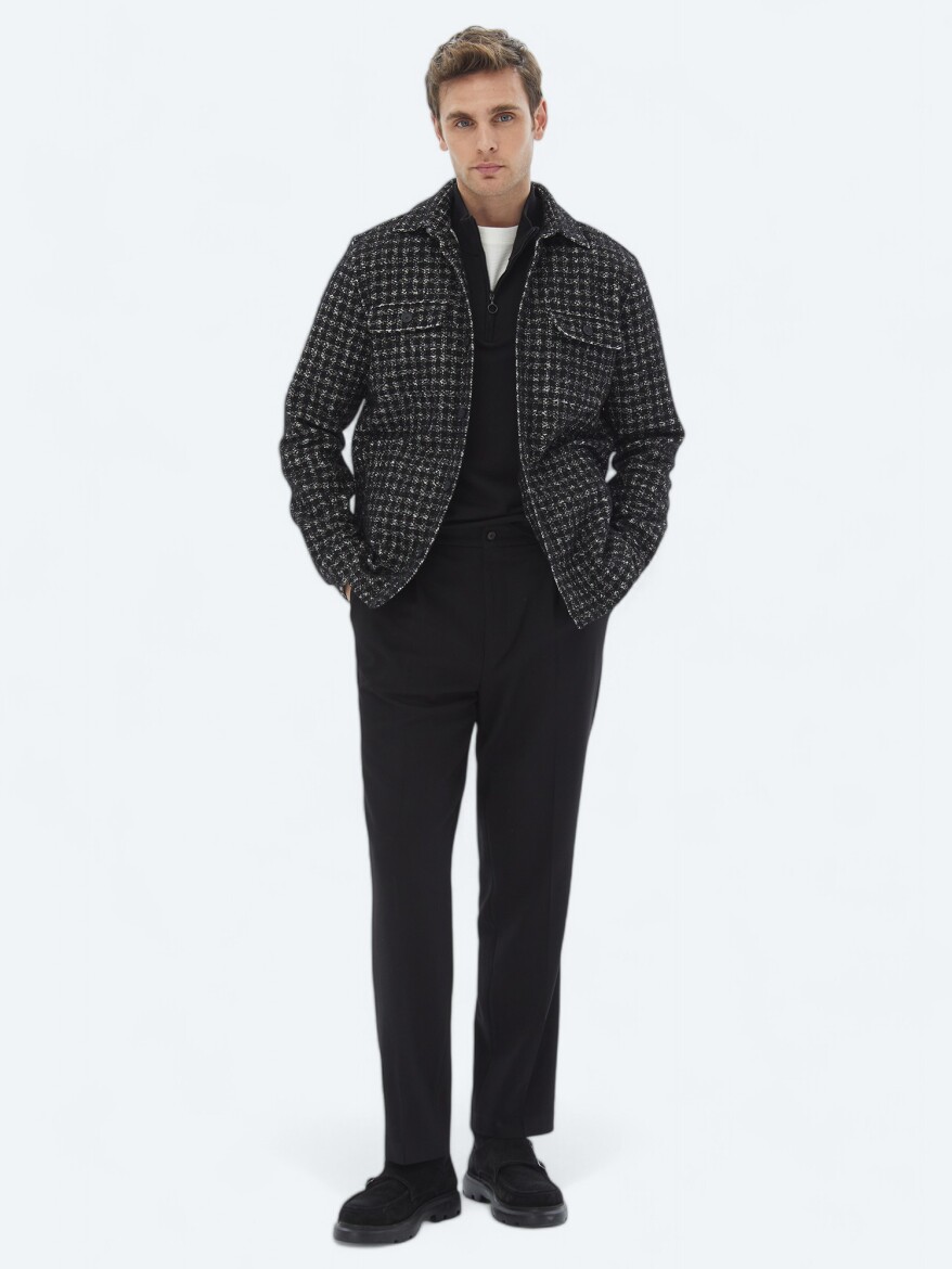 Siyah Kareli Regular Fit Dokuma Yün Karışımlı Overshırt - KİP