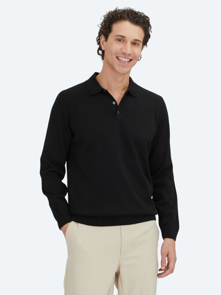 Siyah Polo Yaka Düz Örgü Triko Kazak - KİP