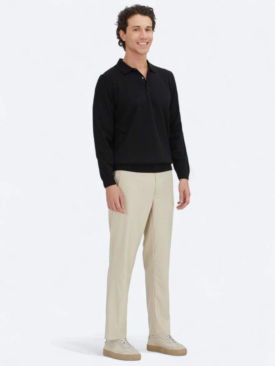 Siyah Polo Yaka Düz Örgü Triko Kazak - KİP