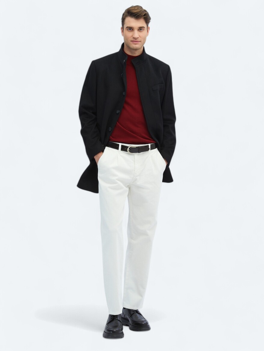 Siyah Regular Fit Dik Yaka Klasik Dokuma Palto - KİP