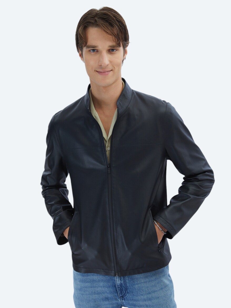 Siyah Regular Fit Dik Yaka Smart Casual Koyun Derisi Deri Mont - KİP