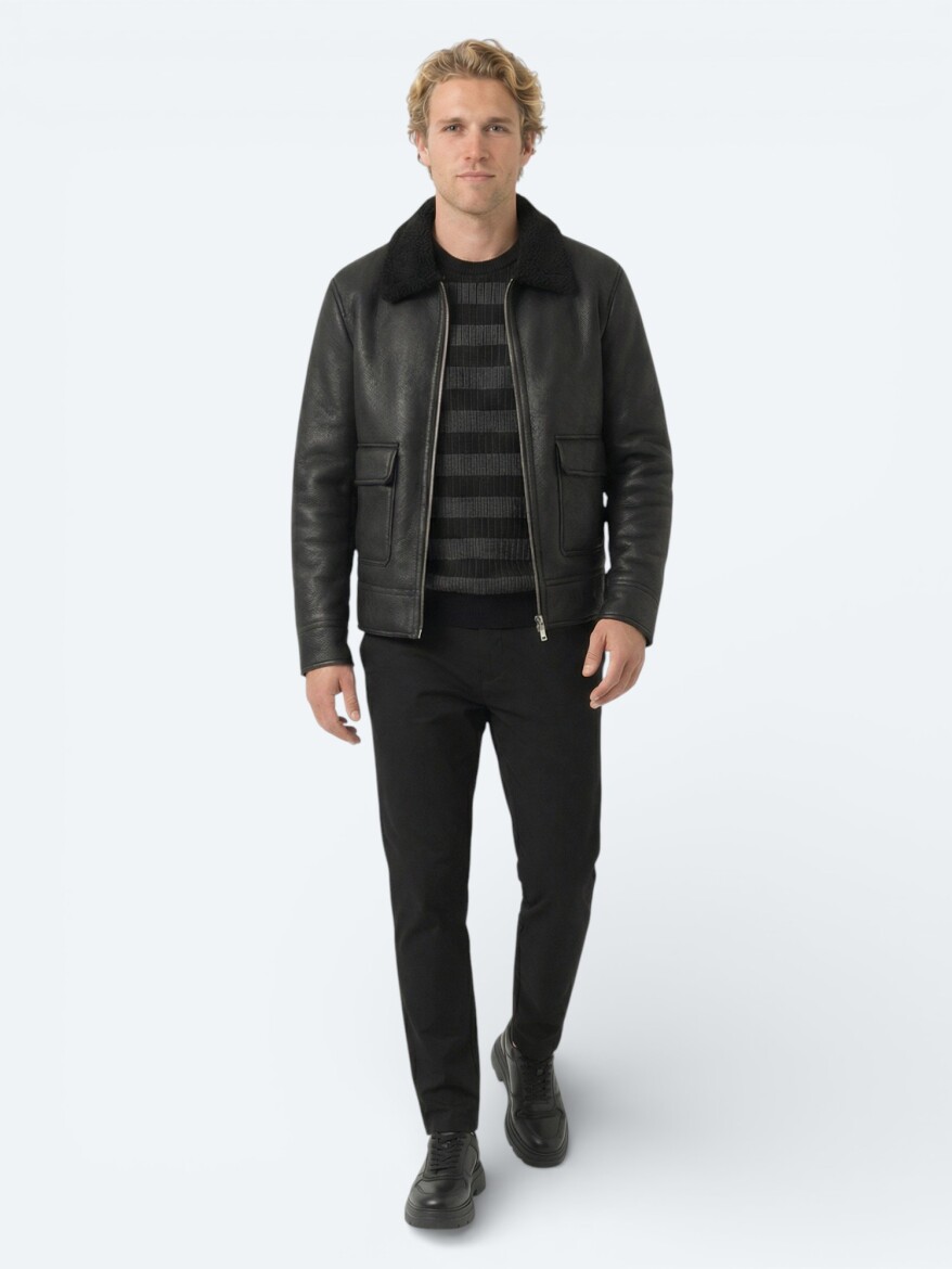 Siyah Regular Fit Gömlek Yaka Casual Dokuma Mont - KİP