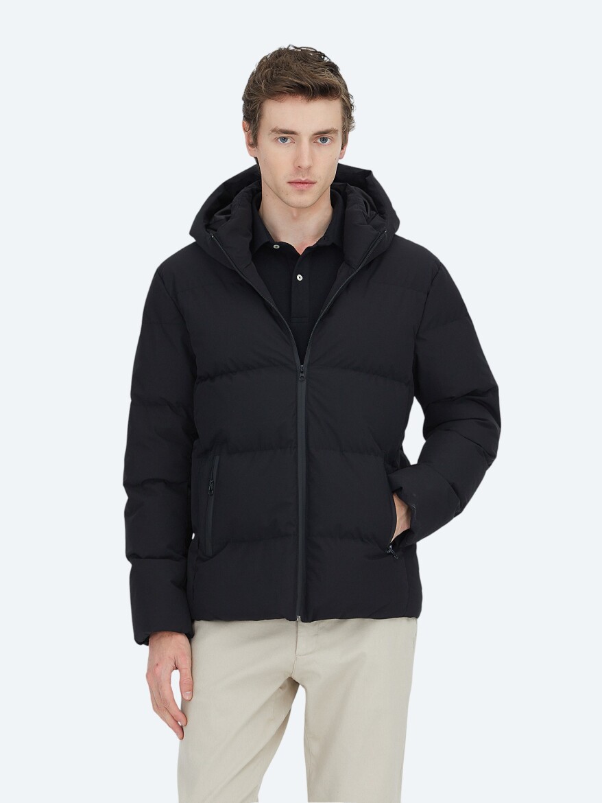 Siyah Regular Fit Kapüşonlu Casual Dokuma Mont - KİP