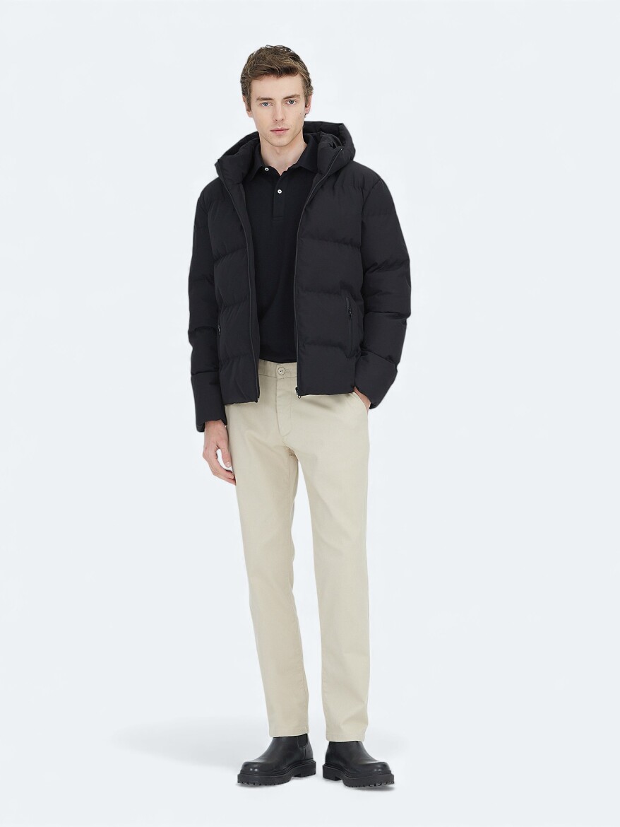 Siyah Regular Fit Kapüşonlu Casual Dokuma Mont - KİP