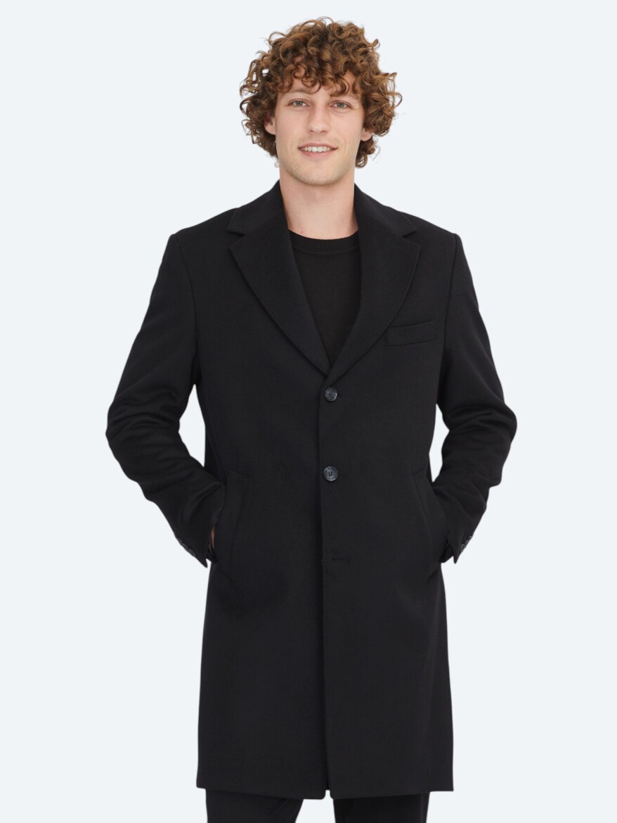 Siyah Regular Fit Kruvaze Yaka Casual Dokuma Palto - KİP