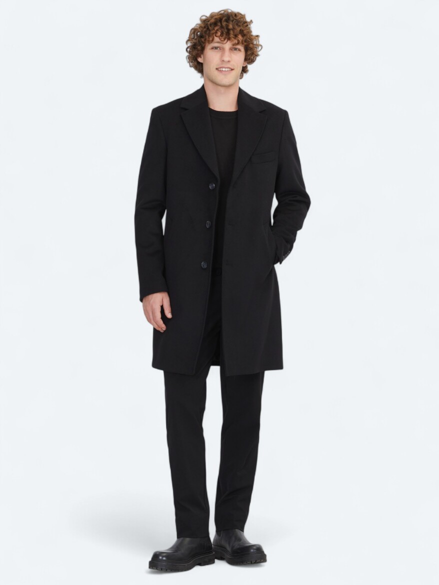 Siyah Regular Fit Kruvaze Yaka Casual Dokuma Palto - KİP