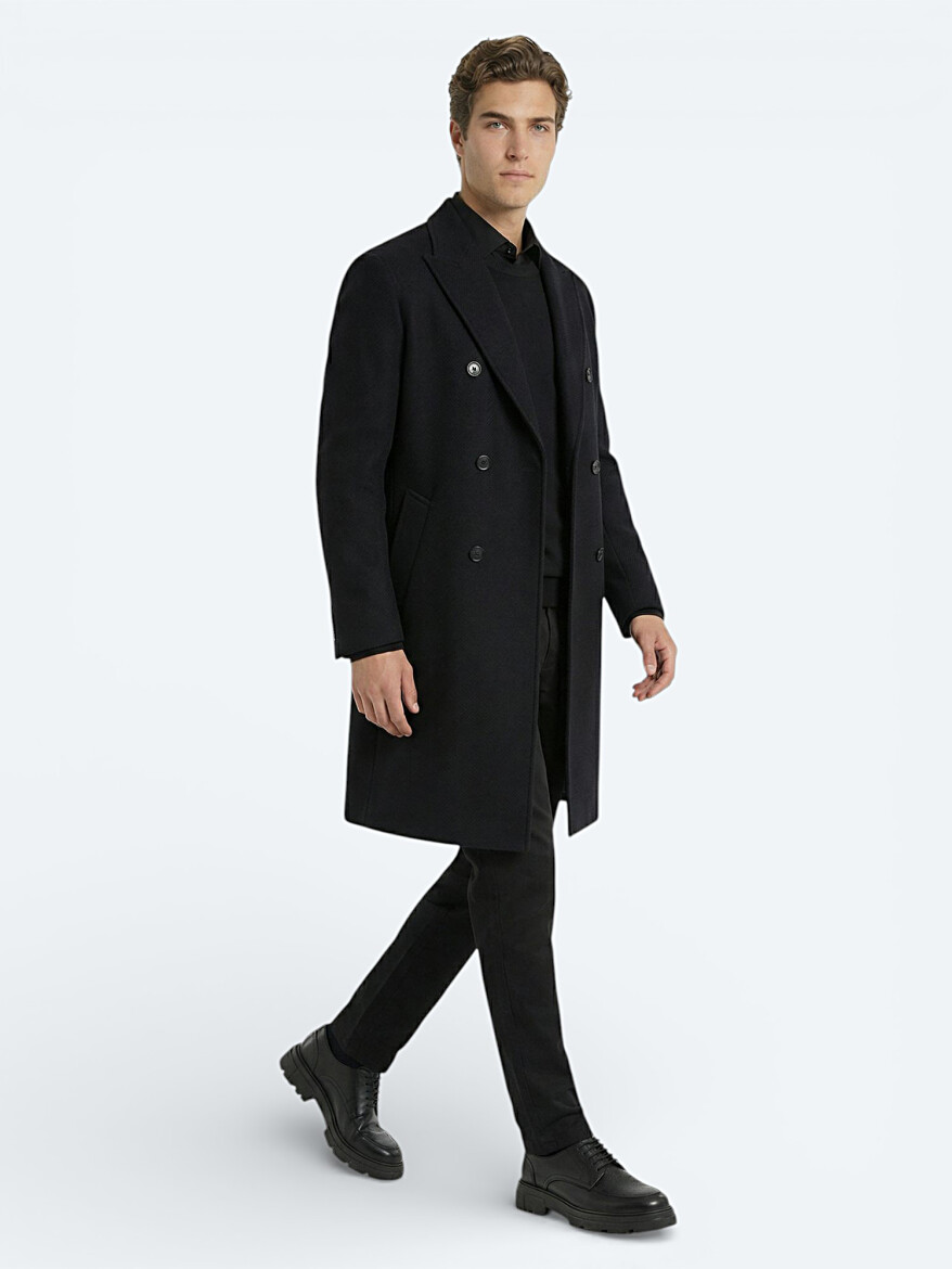 Siyah Regular Fit Kruvaze Yaka Klasik Dokuma Palto - KİP