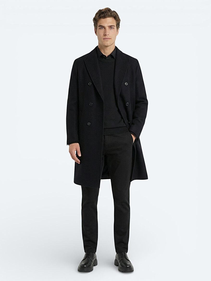 Siyah Regular Fit Kruvaze Yaka Klasik Dokuma Palto - KİP