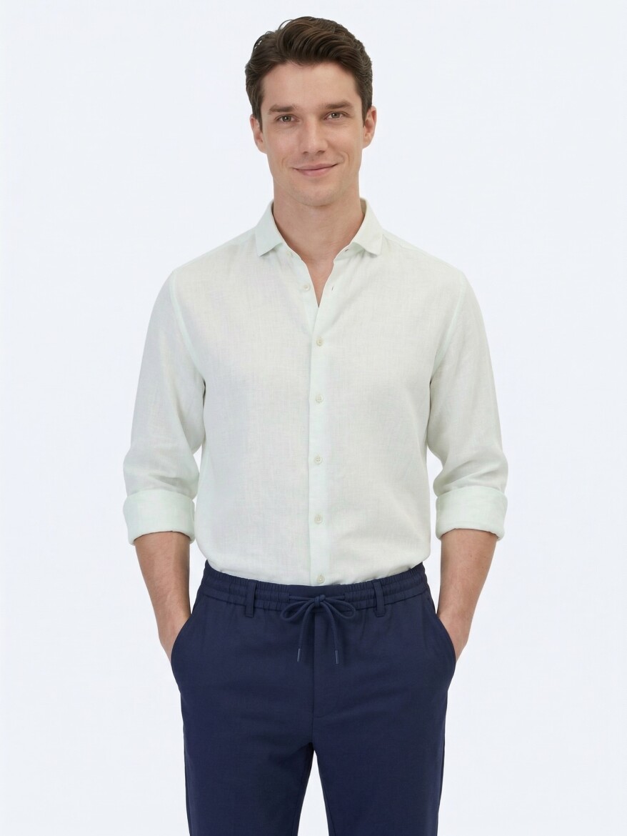 Su Yeşili Düz Regular Fit Dokuma Casual Pamuk Karışımlı Gömlek - KİP