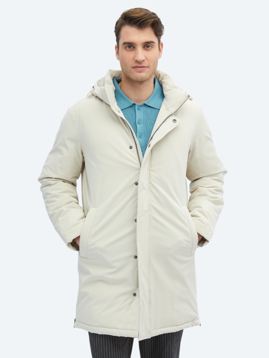 Taş Comfort Fit Kapüşonlu Casual Dokuma Kaban - 1