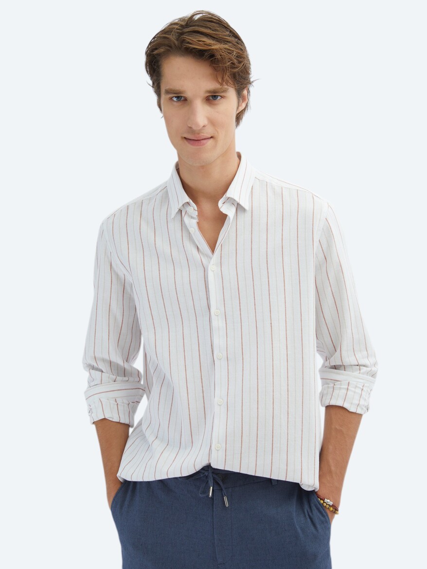 Tile Red Striped Regular Fit Weaving Casual 100% Cotton Shirt - KİP
