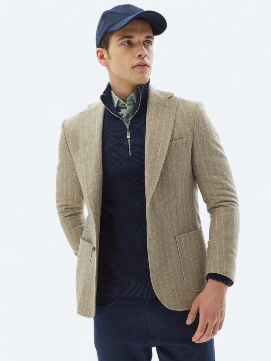 Vizon Çizgili Comfort Fit Yün Karışımlı Ceket - KİP