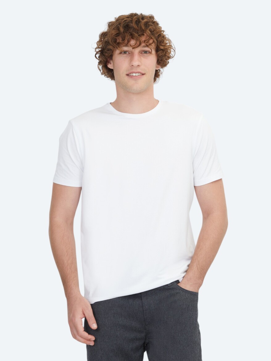 White Plain Crew Neck Cotton Blended T-Shirt - KİP